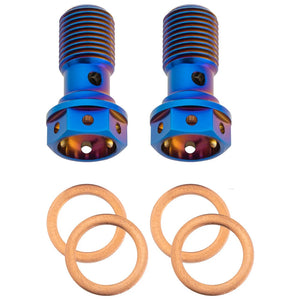 Bottom view of titanium M10 × 1.25 banjo bolts showing safety-wire holes and copper crush washers