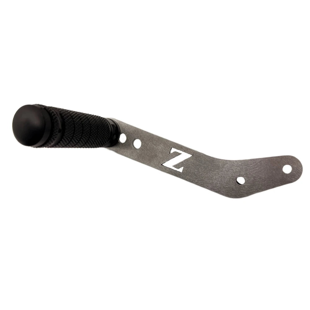 FactoryZ Tuttio Soleil 01 shift lock lever, brushed steel arm with cut-out Z logo, black knurled grip knob, multiple mounting holes