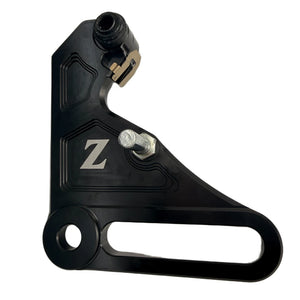 Tuttio Ultra Bee single caliper bracket in black, CNC-machined, with hardware installed on a white background