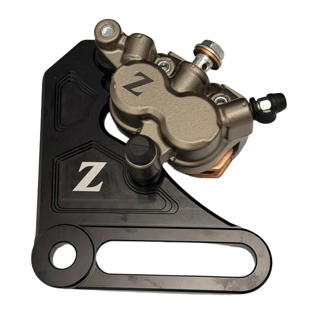 Custom FactoryZ caliper mounted on the Tuttio single caliper ultra bee brake bracket, on a white background