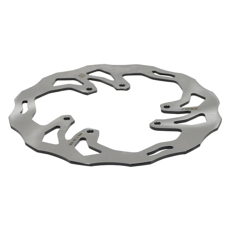 Surron Ultra Bee 240mm rotor by Nibbi Racing, angled side view of the wave edge, cutouts and bolt holes