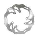 Surron Ultra Bee 240mm rotor by Nibbi Racing, solid one-piece wave disc in brushed silver, front view