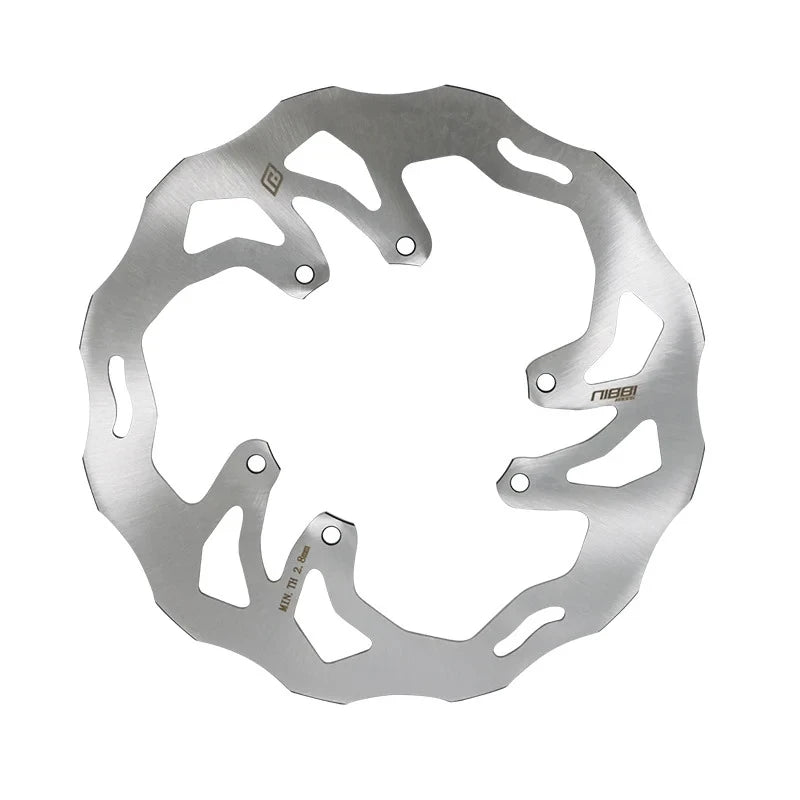Surron Ultra Bee 240mm rotor by Nibbi Racing, solid one-piece wave disc in brushed silver, front view