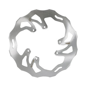 Surron Ultra Bee 240mm rotor by Nibbi Racing, solid one-piece wave disc in brushed silver, front view