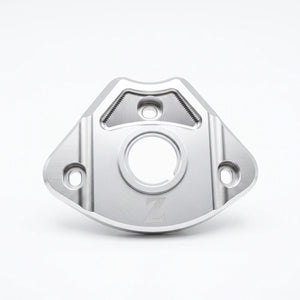 Yozma IN 10 aluminum ignition cover in silver, front view showing the ribbed side panels and engraved Z logo